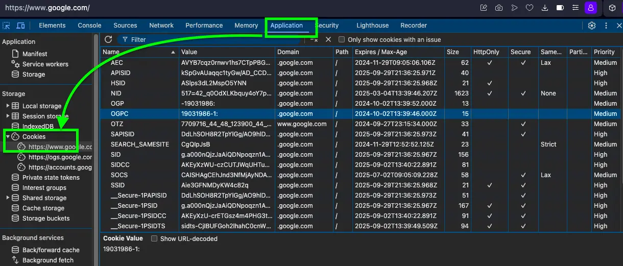 Example showing website cookies in Opera browser developer tools on Google website