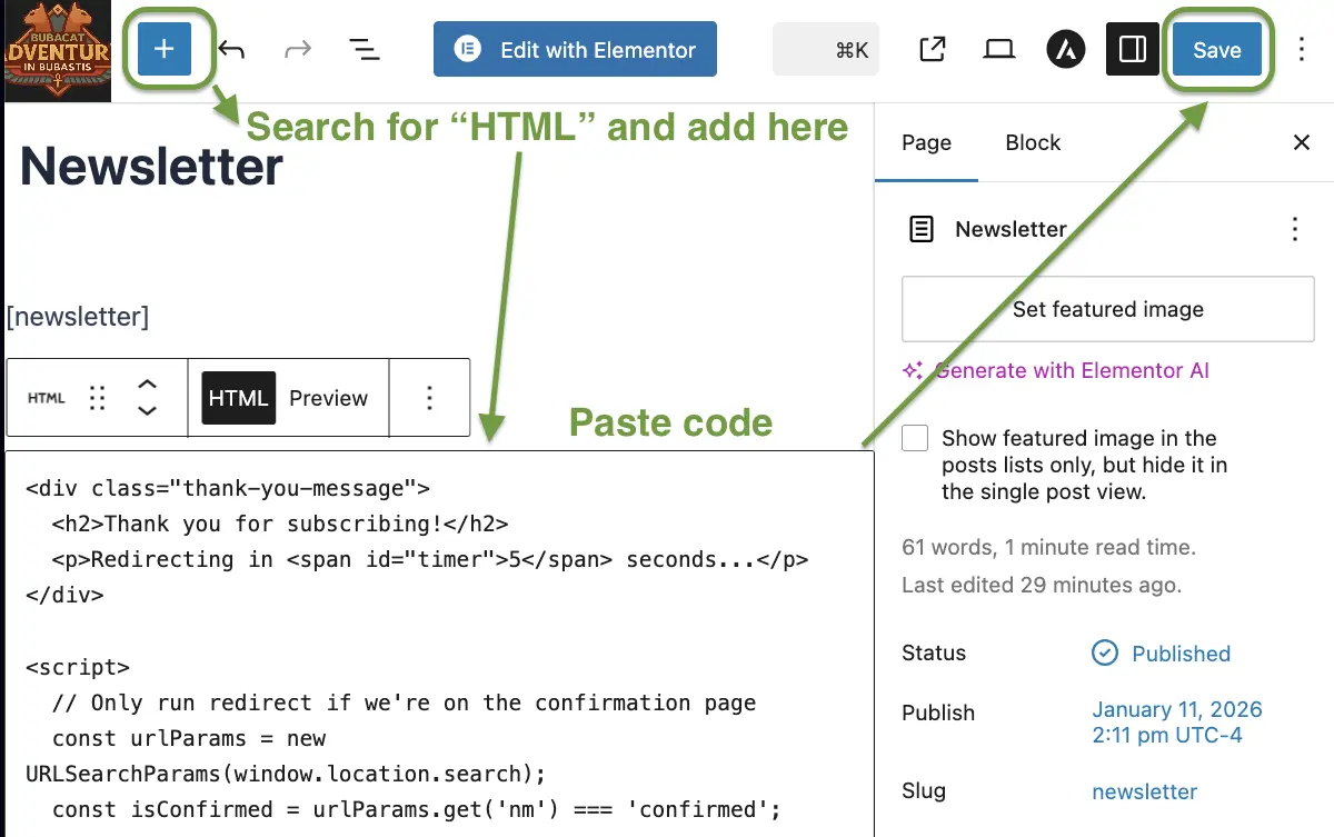 Newsletter Auto-Redirect HTML code inside Newsletter page