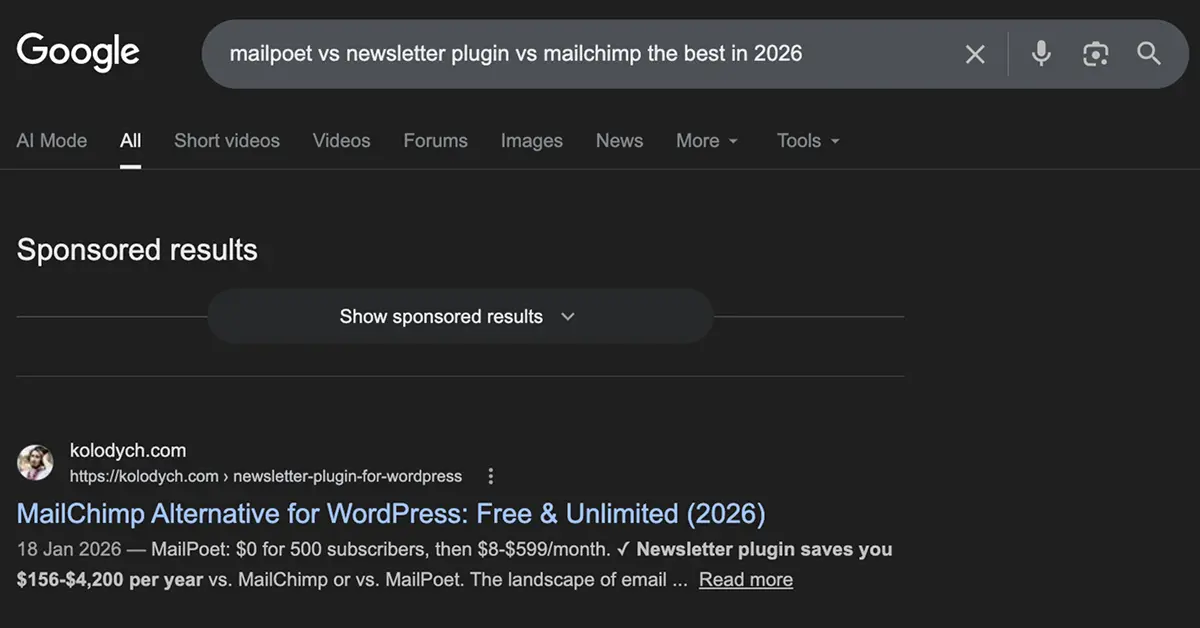 Proof of first page Google ranking — kolodych.com article about MailPoet vs MailChimp ranking number one organically