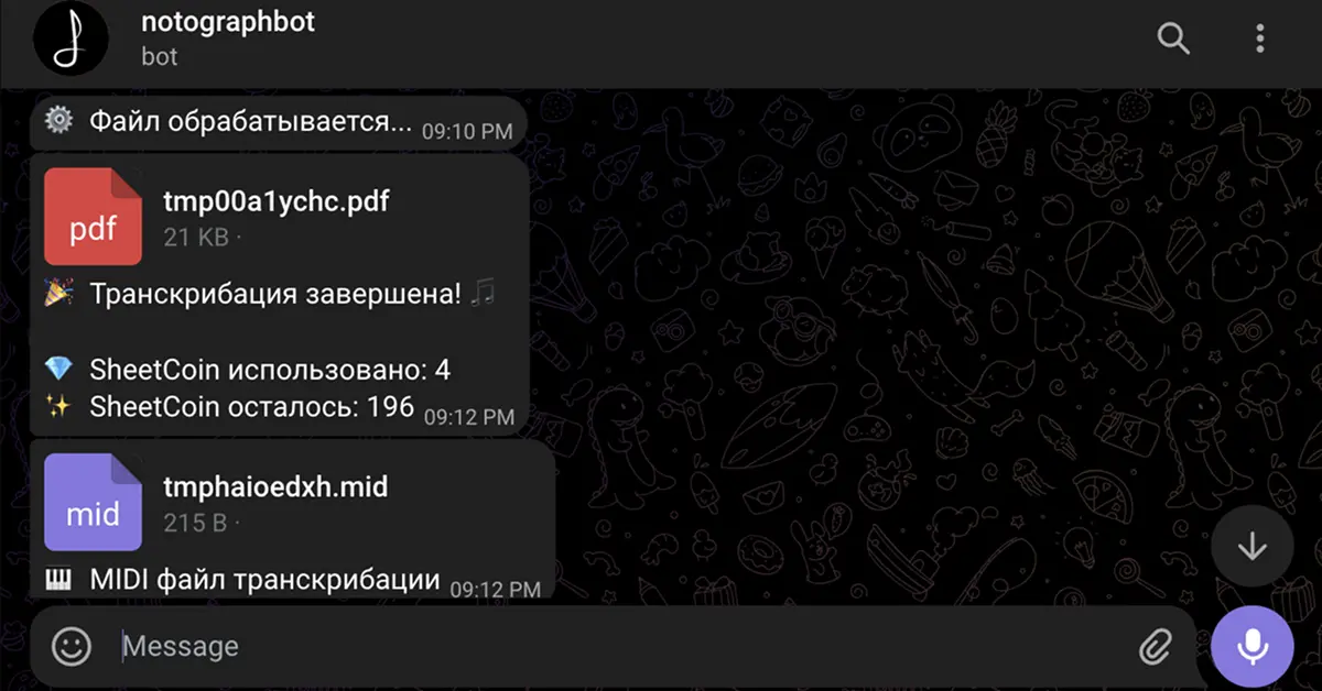 Custom Telegram bot converting uploaded piano audio to downloadable PDF with musical notes