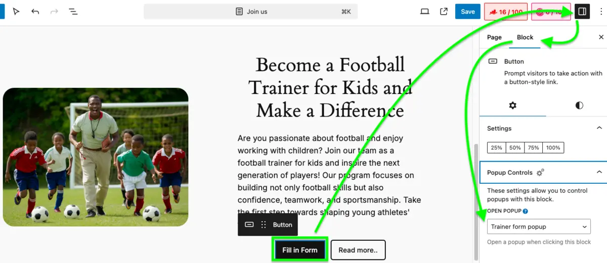 Join Us page on Button click adding popup form to apply