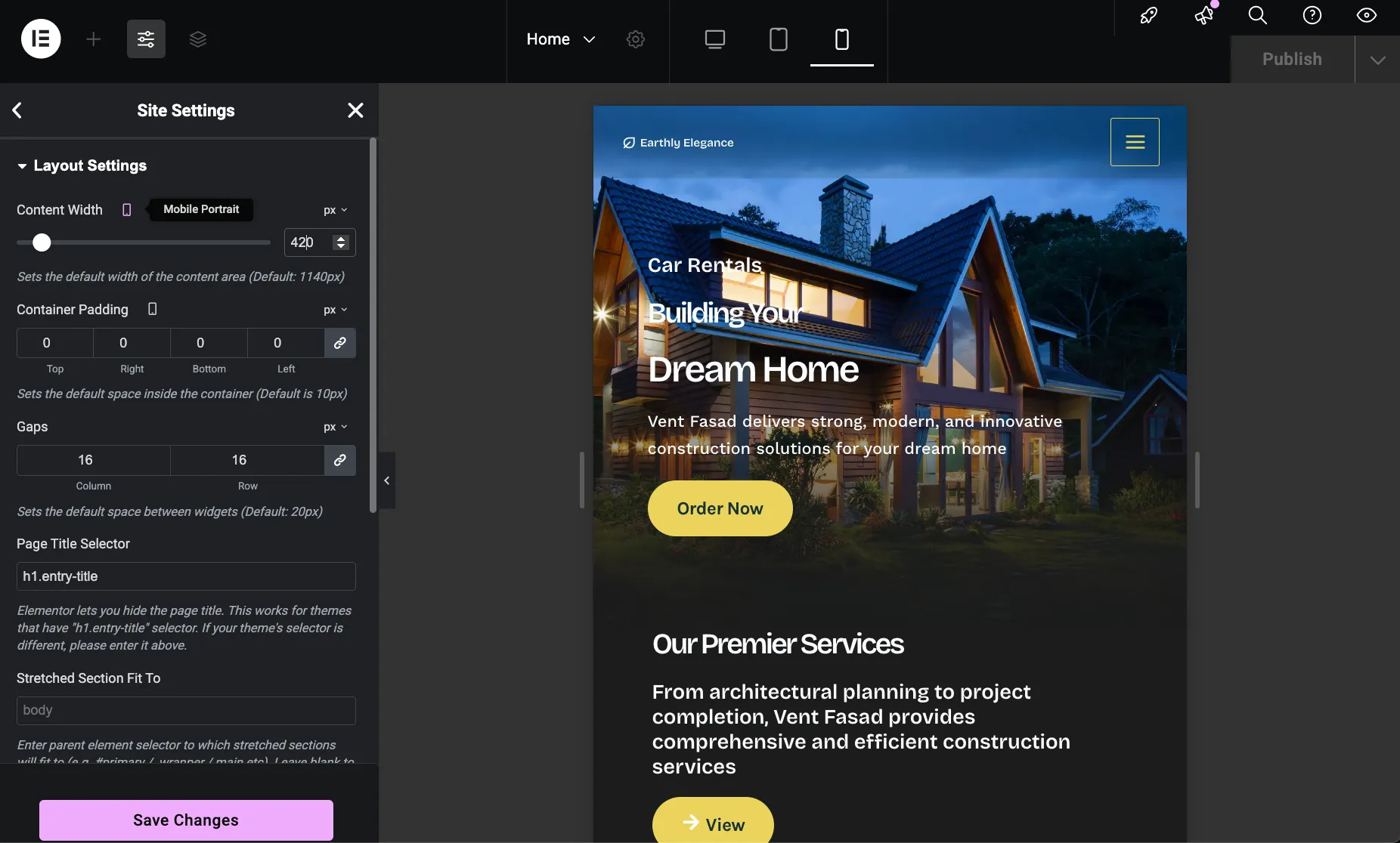 Vent-Build Elementor Settings