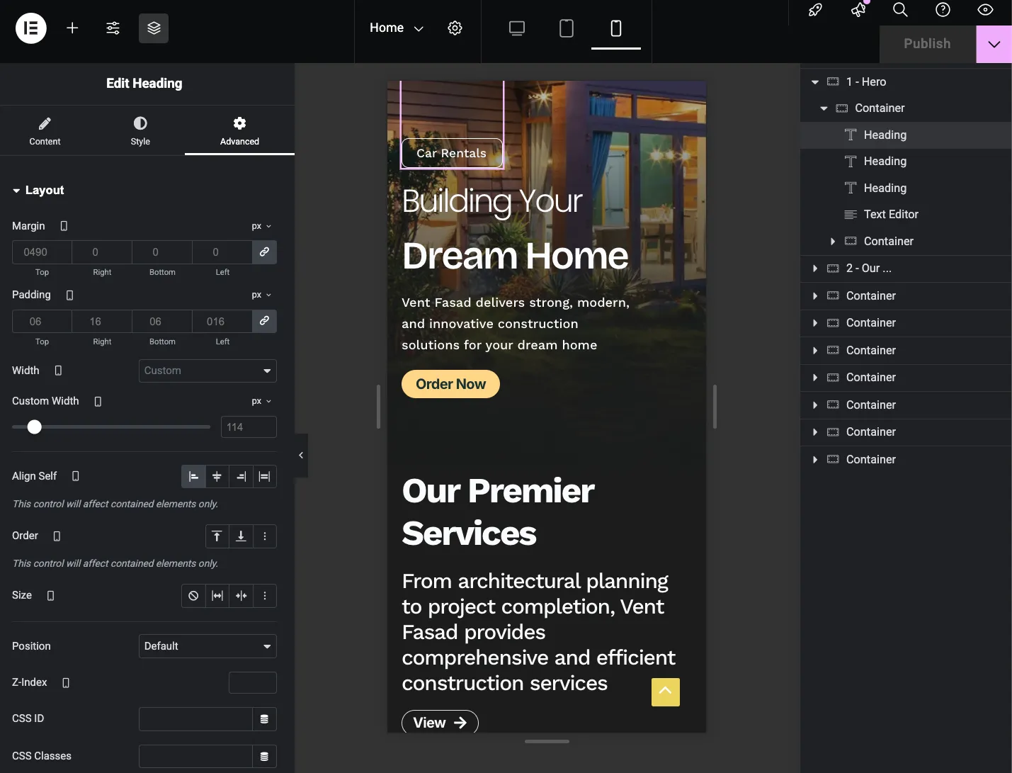 Vent-Build Elementor Settings